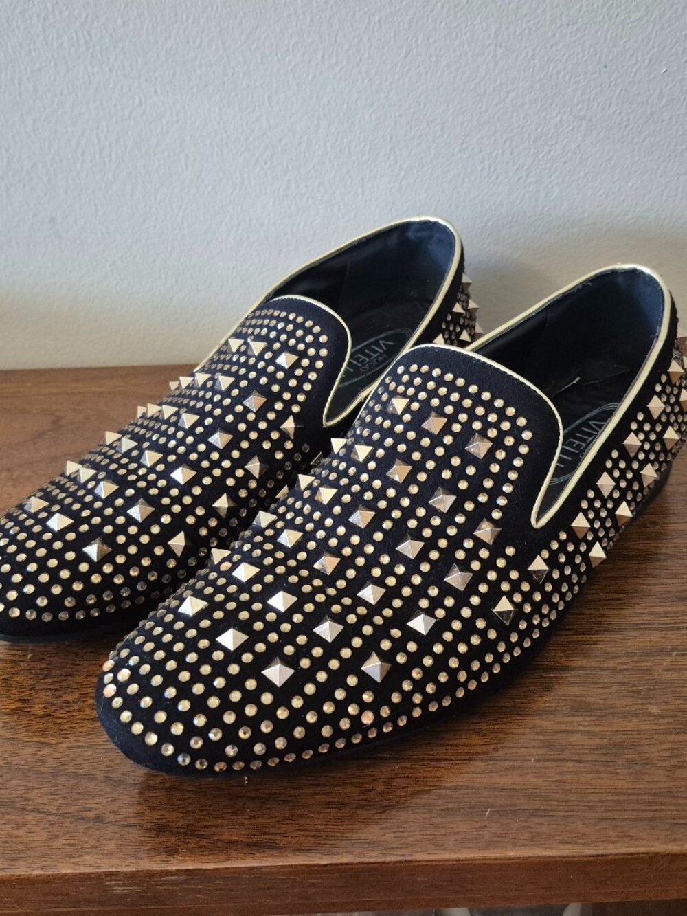 Mens Black Velvet Gold Studded Rhinestone Loafer sz 11 Prom Wedding